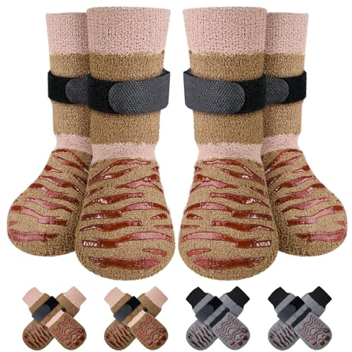 Eyein Dog Socks with Double-Sided Grippers - 4PCS Dogs Grip Socks for Hot & Cold Pavement or Hard Floors, Non-Slip Paw Traction Protectors for Senior Small Medium Large Dogs (Brown,L)