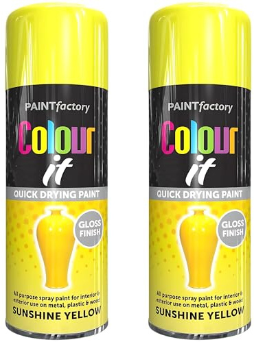 Paint Factory All Purpose Yellow Spray Paint Pack 2 (400ml Each) - Gloss Finish Interior and Exterior Yellow Spray Paint for Metal, Plastic, and Wood