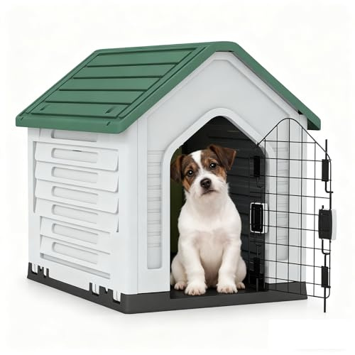 GYMAX Caseta para Perros, Casa de Plástico para Perros con Puerta Metálica Bloqueable, Techo Inclinado, Buena Ventilación, Refugio para Animales Adecuado para Interior, Exterior (Verde)