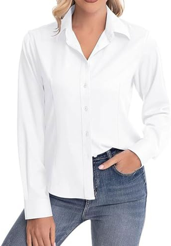 SAIIURV Camisa de Mujer Elegante de Manga Larga Color Liso, Tops Básicos Estirables Encajados, Top de Manga Larga Botón Casual, Blusa de Mujer para Oficina y Eventos Formales (Blanco)