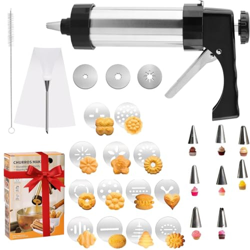 Gebäckpresse für Spritzgebäck Edelstahl Teigspritze Spritzgebäck Presse mit 16 Schablonen, 8 Tüllen, Spritzbeutel Keksbeutel für Kuchen Kekse Churros