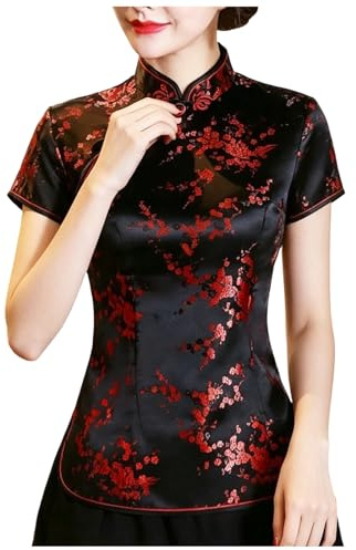 Camicetta da Donna Stile Tang Suit in Broccato Raso con Motivo Drago E Fenice Fiore Floreale Qipao Colletto Coreano Top Tradizionale Abbigliamento Estivo Moda Cerimonie Tradizionale Camicia Estiva