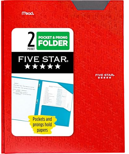Five Star 2-Pocket Folder, Plastic Folder with Stay-Put Tabs and Prong Fasteners, Holds 8-1/2 x 11 Paper, Fire Red (72109)