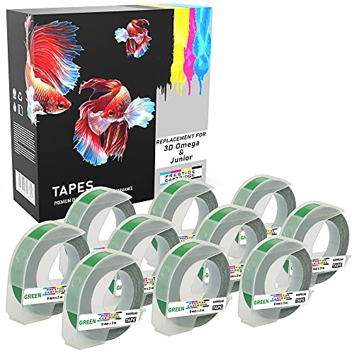 10 Compatible S0898160 White on Green 9mm x 3m Embossing Label Tapes Replacement for 3D Omega and Junior Label Makers