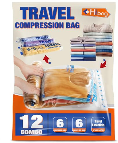 Kompressionspåsar för resor, väsentligheter för resor kompressionspåsar, vakuumförpackning platsbesparande väskor för kryssning resetillbehör, Klar, 12-Pack, samtida