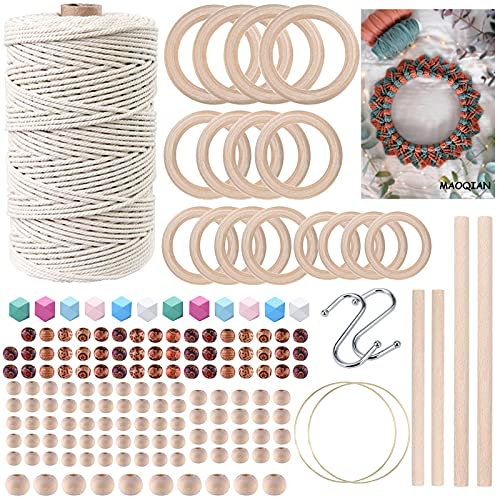 169pcs Macrame Kits for Beginners 3mm x 220yards Natural Cotton Macrame Cord Wall Hanging Kit, Best Macrame Supplies for Macrame Plant Hanger with Wooden Beads,Wooden Rings,Wooden Sticks,S Hooks