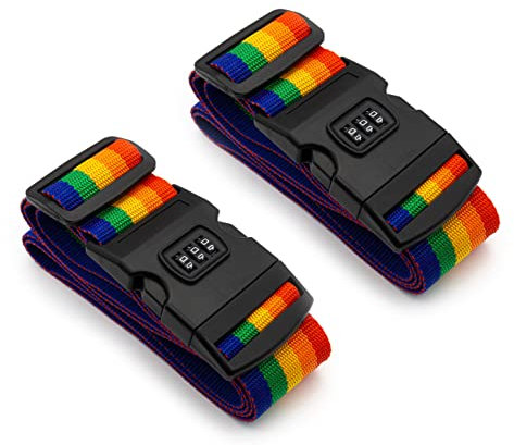 MyGadget 2X Stück Koffergurte Set mit Zahlenschloss - 100 cm bis 180 cm einstellbar - stabiles & auffälliges Kofferband - ideal über Kreuz nutzbar - in Regenbogen