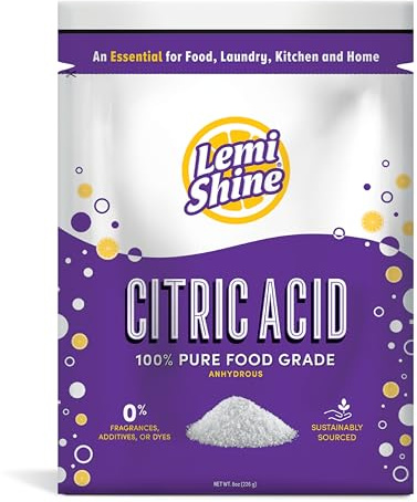 Lemi Shine 100% Citric Acid Powder l Pure Food-Grade Flavor Enhancer & All-Natural Preservative | Fragrance Free Citric Acid for Mini Bath Bombs, Cooking, & Canning, 8 oz. Bag