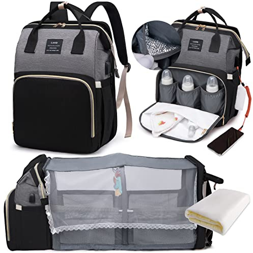 LEcylankEr Sac a Langer Bebe avec lit Bébé - Grand Sac à Dos à Langer avec Matelas à Langer et Sac Isolant, Moustiquaire et Port de Chargement USB (Noir et gris)