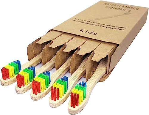 Lot de 5 brosses à dents en bambou pour enfants - Poils souples - Brosses à dents manuelles pour enfants (Rainbow 5 Pack)