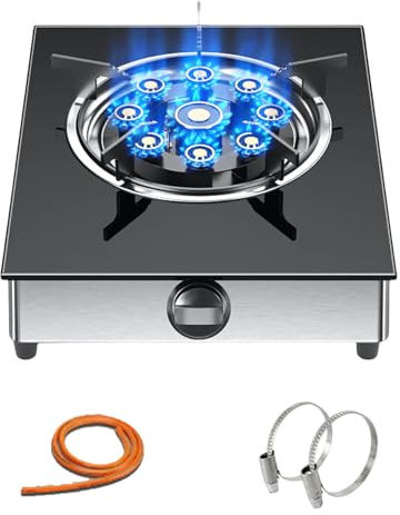 ANOUSH Quemadores portátiles Placa de Gas, Cocina de Gas Quemador de Wok con Tapa de Vidrio de Acero Inoxidable, Cocina para Acampar CV Estufa de Gas Individual Cocina de Mesa OnlyNaturalGas