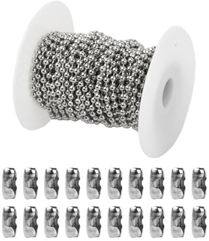 10 Meter Chaîne à Perle en Acier Inoxydable, 4mm Chaîne de Boule à Maillons de Câble, Rouleau de Chaine à Billes Bricolage Rouleaux Perlée de Extension avec 20 Connecteur