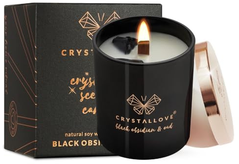 CRYSTALLOVE Duftkerze im Glas - Natürliche Soja-Kerze mit schwarzem Obsidian und Oud - Candle - Geschenk Kerze für Frauen und Männer- 220g - lang anhaltende Kerze für Zuhause
