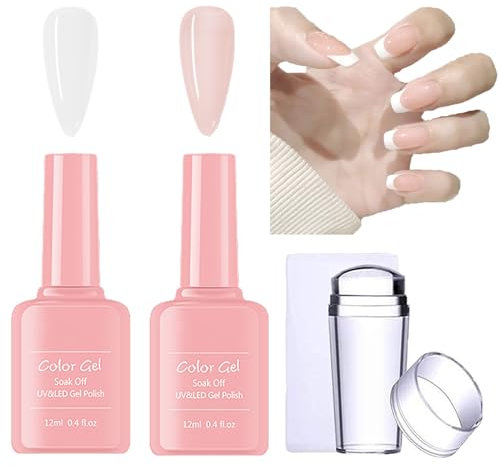 French Manicure Kit - Gel Nail Polish Set, 2pcs White & Nude Jelly Gel Polish, Nail Stamper, Soak Off UV/LED, DIY at Home