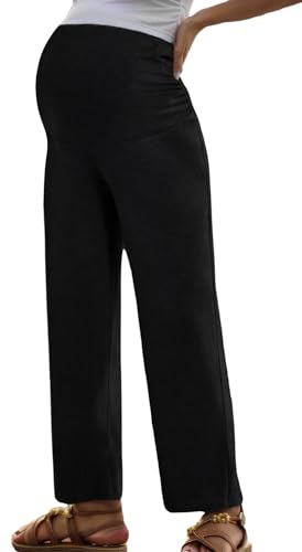 Happy Cherry Women's Maternity Pants Pregnancy Palazzo Lounge Trousers Straight Casual Cozy Pants Elastic Waist Over The Belly Sweatpants with Pockets M Black