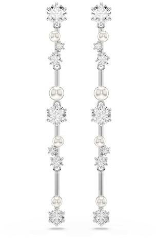 Swarovski Constella Drop-Ohrhänger, Weiße und Rhodinierte Ohrringe mit Kristallperlen und Swarovski Zirkonia in Verschiedenen Größen, Größe: 6 x 0.5 cm