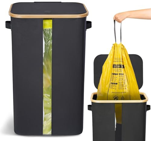 Biigdan 100L Gelber Sack Ständer mit Deckel, Visualisierung Mülleimer Gelber Sack, Stabiler Ständer Ggelber Sack, Müllsackständer, Mülltrennsystem Küche, Schwarz