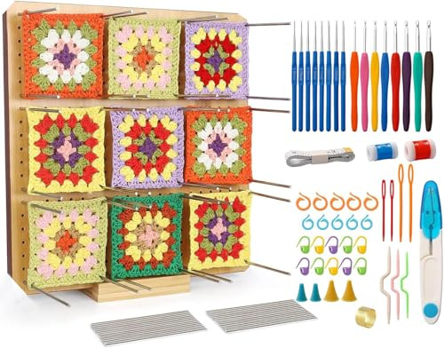 Tablero Bloqueo Granny Square,30x30cm Tabla Bloqueo Ganchillo Grande,Kit Bloqueo Crochet,Juego 72pcs Principiantes,Tablero Bloqueo Crochet Madera Con 20 Alfileres Para Proyectos Tejido Croche (1)