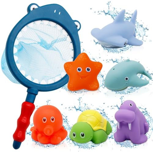Jouets de Bain Bébés 7 Pièce Jeux de Bain, Animaux Jouets Flottants, Jouet de Piscine, Salle de Bain Jouets pour Garcon Fille, Filet Jouet Bain Bébé pour Bébés Enfant 1 2 3 4 5 Ans