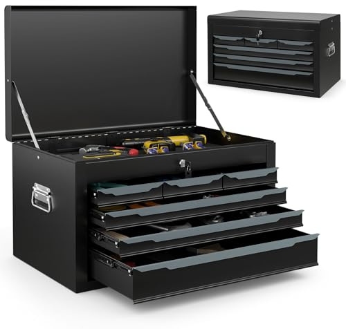 ARNOT Large Metal Tool Box, Tool Box with 6 Drawers & Top Tray, Heavy-Duty Steel Tool Chest with Auto-Locking Drawers and Side Handles for Garage & Workbench (Black)