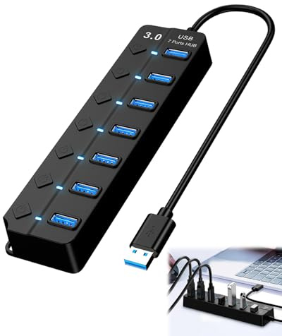 Hub USB 3.0 de 7 Puertos con Interruptor Independiente E Indicador LED 5Gbps Adaptador de Puerto USB Concentrador Distribuidor para PC Ordenador MacBook y Dispositivos Múltiples