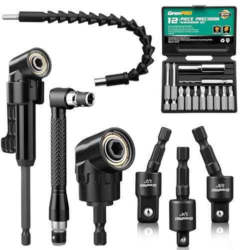 GRENPRO 19 Pcs Flexible Drill Bit Extension Kit, Includes 2 Pcs 105° Right Angle Drill Attachment, 3 Pcs Rotatable Socket Adapter, 10+2 Pcs Screwdriver Bits & Bendable Extension for Tight Spaces