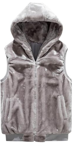 Generisch Gilet con cappuccio da uomo in pelliccia sintetica – Giacca senza maniche in morbido pile Teddy con chiusura lampo | Morbido e caldo gilet per autunno e inverno, Stile f03 grigio, M