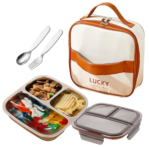GUDGI stainless steel lunch box for kids with lids & Spoon Fork & Insulated Bag, Leak-Proof 3 Compartment Food Containers, Food-Grade 304 Stainless Steel, Ideal for Home, Travel (Transparent black)