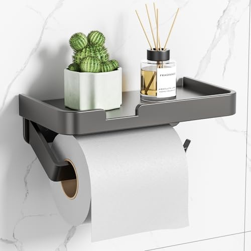 Flaveano Portarrollos Papel Higienico con Estante, Portarollos Papel Higienico Adhesivo o Atornillable - Gris Mate
