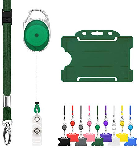 Retractable Lanyard and Badge Holder Trio Triple Pack by LanyardsTomorrow - Set Includes A Single Plain Lanyard, Extendable Carabiner Yoyo Reel Clip and Rigid ID Card Holder (Green)