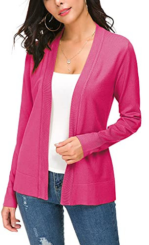 EXCHIC Damen Elegant Langarm Elastisch Strickjacke Cardigan Casual Leicht V-Ausschnitt Gestrickt Blazer (XL, Rose Rot)