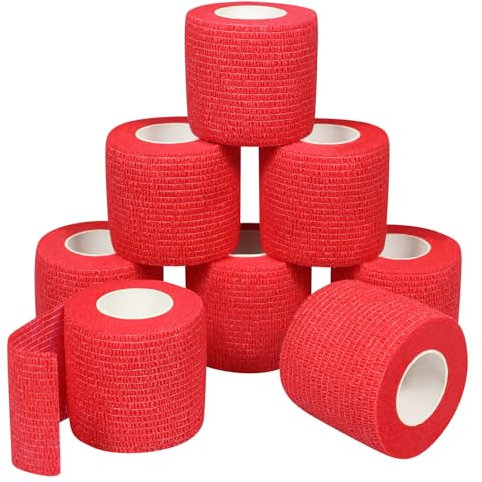QiGui 8 Rouleaux Bandage Elastique Auto-Adhésif Tissus non Tissés Bandage Pansements Bandage Medical Vétérinaire Bande Cohesive Animal pour Poignets Cheville Mains Pieds 5cm X 4.5m (Rouge)