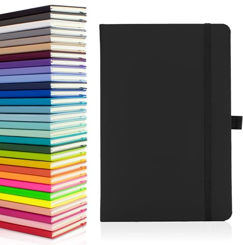 Notes London Eco A5 Notebook with Lined Pages, Pen Loop, Ribbon, Date Marks and Paper Pocket, Medium Hardback Journal, Note, sustainably sourced paper (Black)