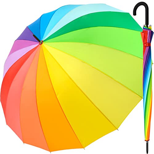 iX-brella Parapluie XXL arc-en-ciel 129 cm en fibre de verre, léger, coloré, grand, Arc-en-ciel - Poignée à crochet rond, 129 cm, Parapluie XXL