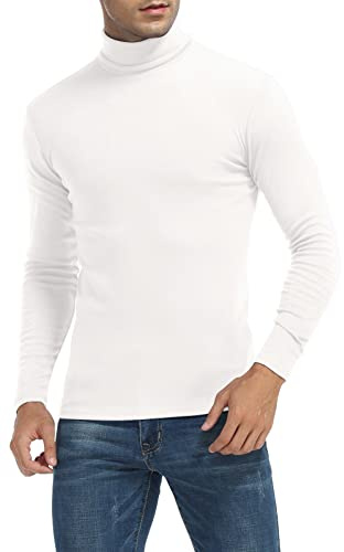 MLANM Men's Long Sleeve Turtleneck Jumper Casual Slim Fit White M