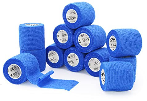 OK TAPE Benda Elastica Adesiva Coesiva autoadesivo sportivo wrap 12 Rotoli, 5cm x 4.5m, nastro adesivo non tessuto sportivo per Mani, Piedi, Ginocchia, Braccia, Blu