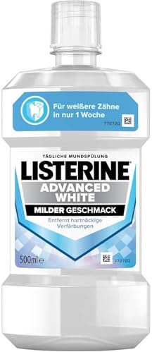 LISTERINE Advanced White Milder Geschmack 500 ml, Mundspülung zur Entfernung hartnäckiger Zahnverfärbungen, für weißere Zähne in nur 1 Woche, Mundwasser bekämpft wirksam Bakterien im Mundraum