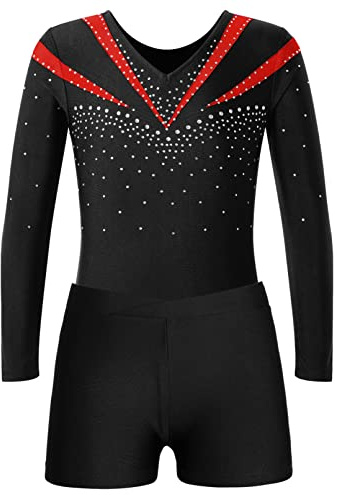 Jugaoge Flicka gym kostym strass gymnastikdräkt långärmad tröja med ben sport yoga fitness träning shorts korta byxor dans kläder set, röd, 134/140 cm