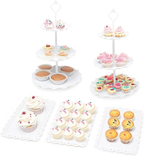 Pukkr Cake Stand & Appetiser Tray Set | 5 Piece | Plastic Cupcake 3-Tier Display | Party Christmas Birthday (Round)