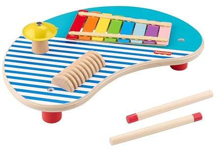 Fisher-Price Mesa de madera con 3 instrumentos de percusión, incluye xilófono, platino y güiro, fabricado en material certificado FSC, +2 años (HXT91)