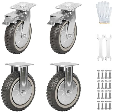 Conjunto de carga pesada de 4 cásters 200 mm: hasta 1000 kg por ruedas, muebles, ruleta de carga pesada, 2 × ruedas giratorias con freno+2 × rueda de rueda dirigida
