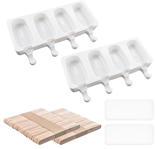 2 stampi per ghiaccioli con 100 bastoncini, 2 coperchi, stampi per ghiaccio in silicone, forma ovale facile da sciogliere, gelati fatti in casa sul gambo (4 cavità, bianco)