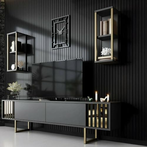 Dmora - Mobile porta TV Eunomia, Credenza da soggiorno, Armadio basso per TV, Base parete attrezzata, 180x30h48 cm, Antracite e Nero