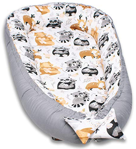 PaLulli Kuschelnest 2-seitig Babynest Babynestchen Baby Nest Nestchen Reisebett Wickelauflage Kuschelbett, Kokon Kokon für Babybett - Babys und Säuglinge, 100% Baumwolle Oeko TEX (Animals)