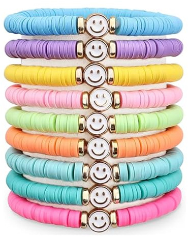 Hebterrka Freundschaftsarmbänder für Frauen, Heishi Surfer Bunte Lächeln Böse Augen Tonperlen Stretch Armbänder Elastisches Schichtung Y2K Ästhetik Set