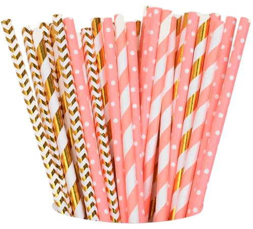 Lot de 100 Pailles en Papier Rose et Or Biodégradables pour Fête Anniversaire Mariage (Rose et Or)