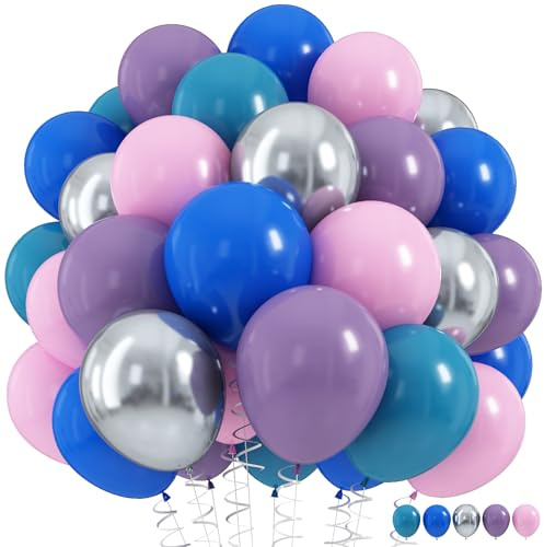Blue and Purple Pink Balloon Set, 60Pcs 12 Inch Dusty Lavender Purple Turquoise Dark Blue Pastel Pink Metallic Silver Balloon for Hawaii Tropical Birthday Space Baby Shower Wedding Party Decorations