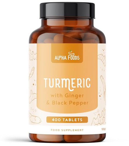 Curcuma ad alto dosaggio | 2500mg al giorno | 400 compresse con curcumina, pepe nero (piperina) e zenzero | Vegan | Alternativa a turmeric in polvere & capsule | Alpha Foods