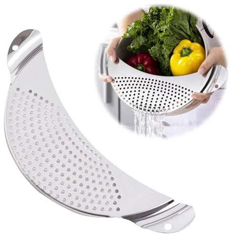 IUSOT Nudelsieb Edelstahl - Topf Sieb Abgiesshilfe für Töpfe bis Ø 26 cm, Flaches Abtropfsieb Platzsparend, Funktionale Abgießhilfe für Pasta, Gemüse, Kartoffeln