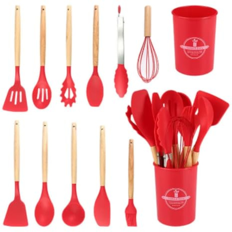Set di 12 utensili da cucina in silicone con manico in legno, kit da cucina completo di stoviglie, resistenti e durevoli (rosso)